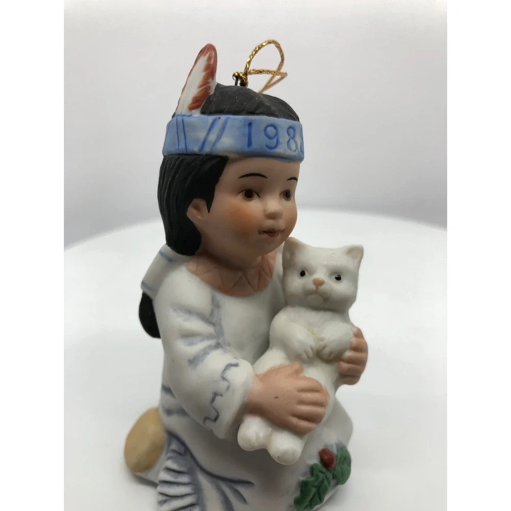 GREGORY PERILLO'S SAGEBRUSH KIDS 1988 BELL CHRISTMAS ORNAMENT BISQUE NATIVE &CAT
